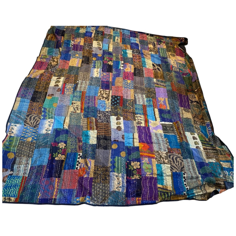 VTG 70s Silk Cotton Patchwork Hippie Boho Gypsy Quilt Bedspread Blanket Queen